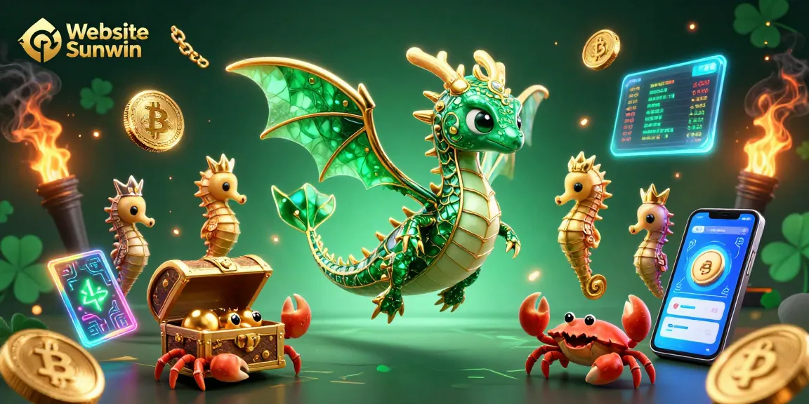 Engage with the dynamic world of Website Sunwin, featuring a cartoon sea dragon and treasure chest amidst exciting crypto elements.