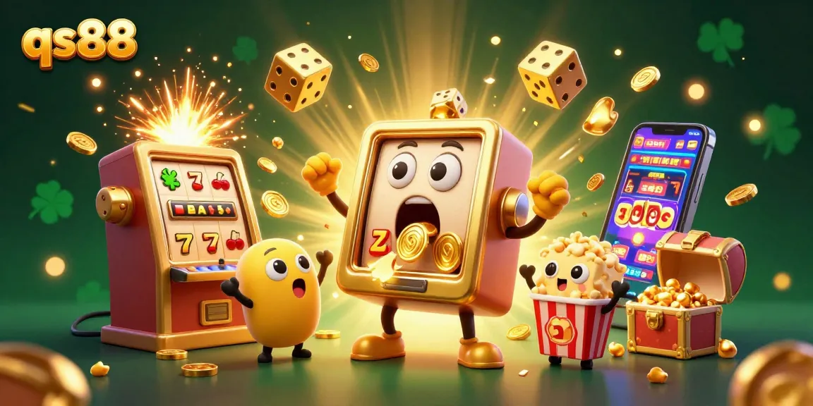 Experience qs88 winning excitement with a golden slot machine hitting a jackpot in a vibrant 3D casino scene.