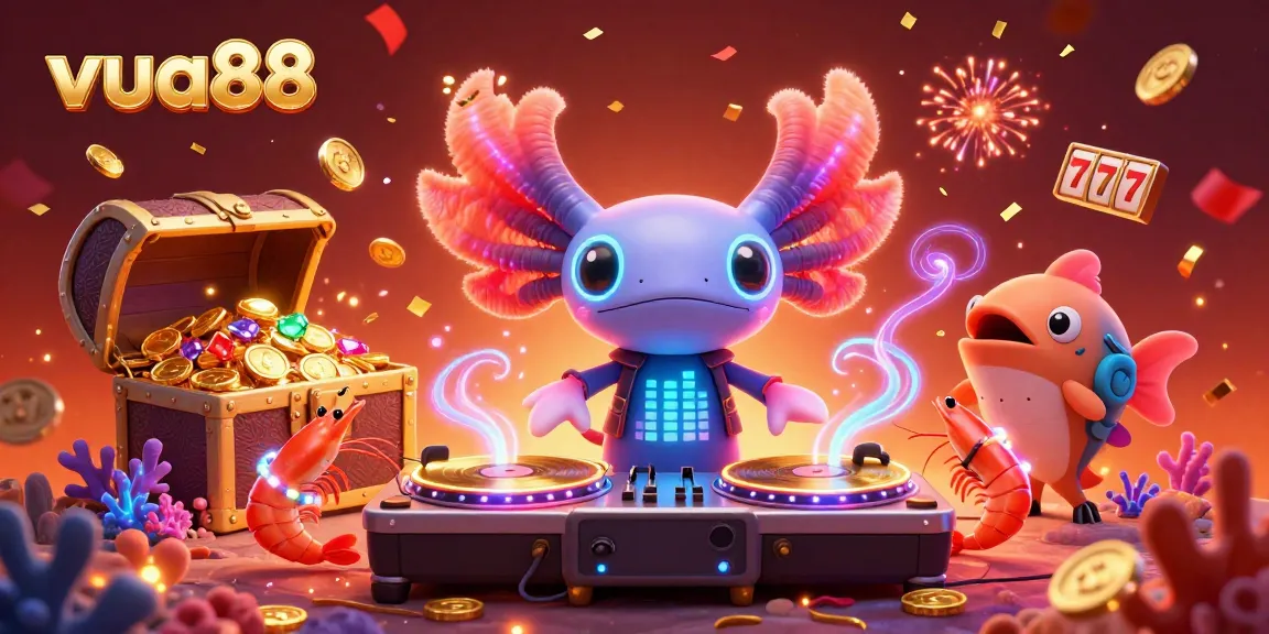 Bet on vibrant gaming fun with vua88 featuring a neon axolotl DJ, vibrant treasures, and underwater excitement.