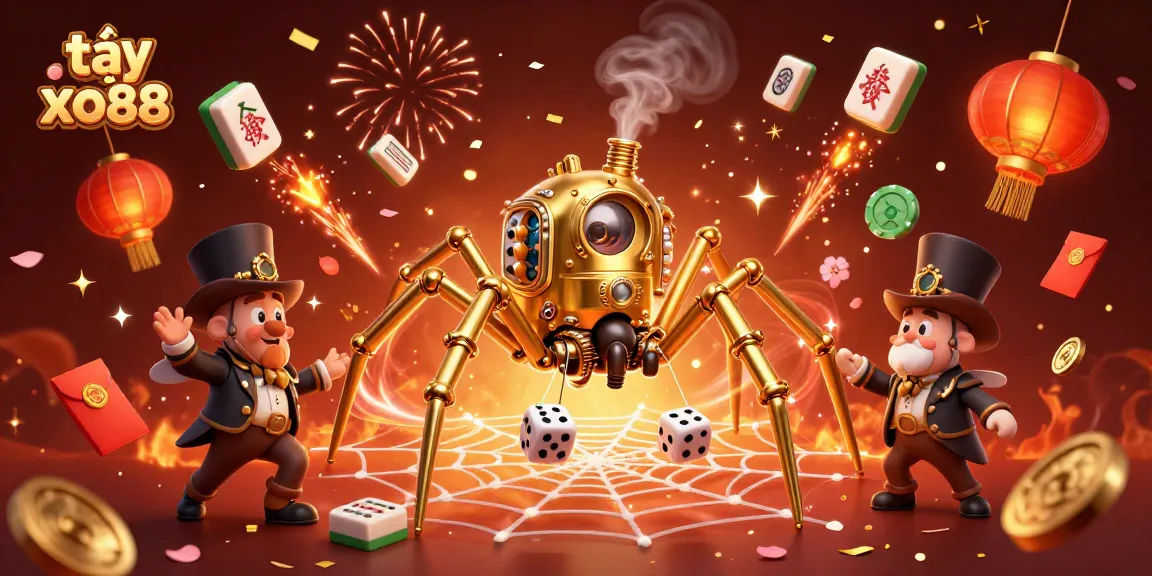 Engage with tại xo88 as a steampunk spider creates a web adorned with poker chips and festive symbols.