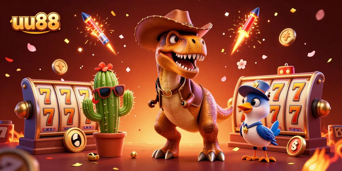 Spin the reels at uu88 with a 3D cartoon cowboy T-Rex and friends amidst vibrant casino elements.