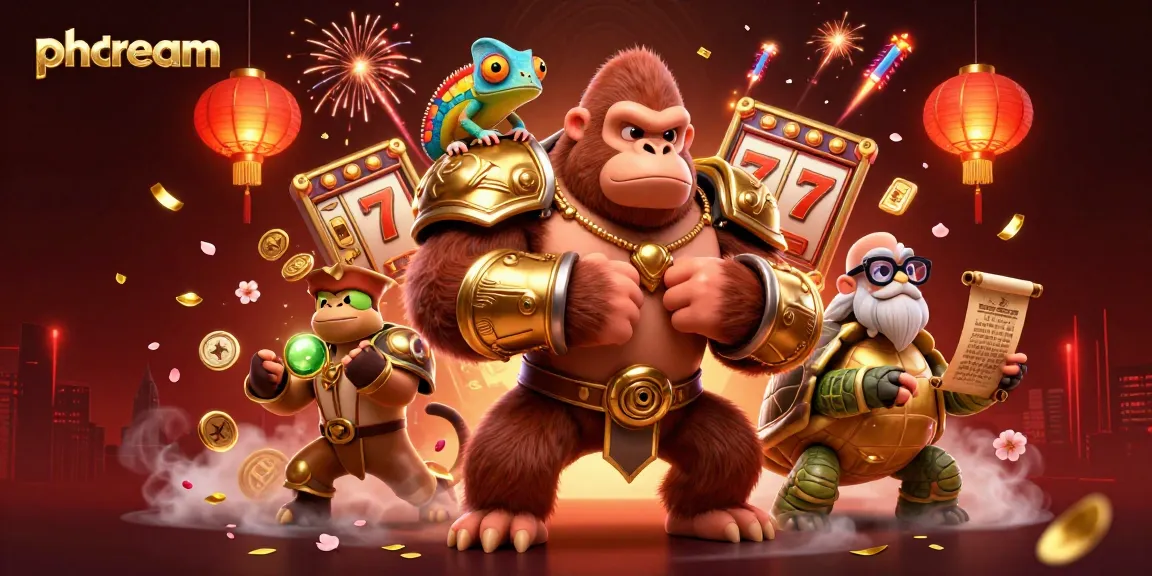 PHDREAM offers a vibrant 3D casino scene with a gorilla king, chameleon, and tortoise, immersing players in engaging gameplay.