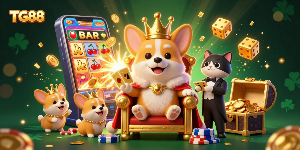 Experience thrilling gameplay with TG88's jackpot explosion, vibrant cards, and a royal corgi.