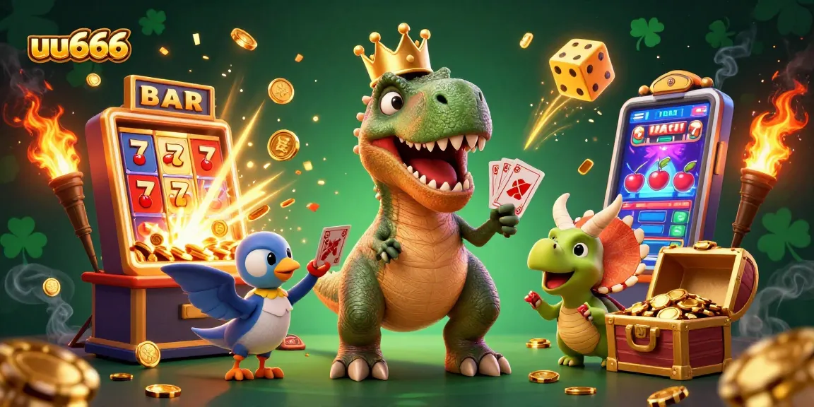 Engage with uu666 slot gaming as a T-Rex tries shuffling cards amid a jackpot explosion and vibrant casino elements.