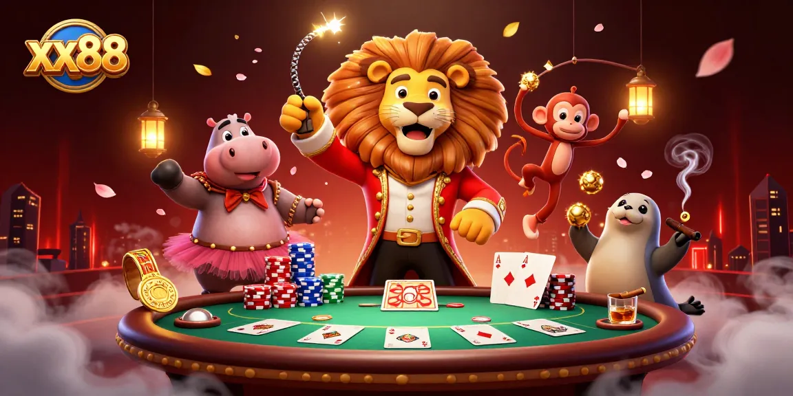 Experience thrilling gameplay at xx88, featuring vibrant casino characters amidst a poker extravaganza.