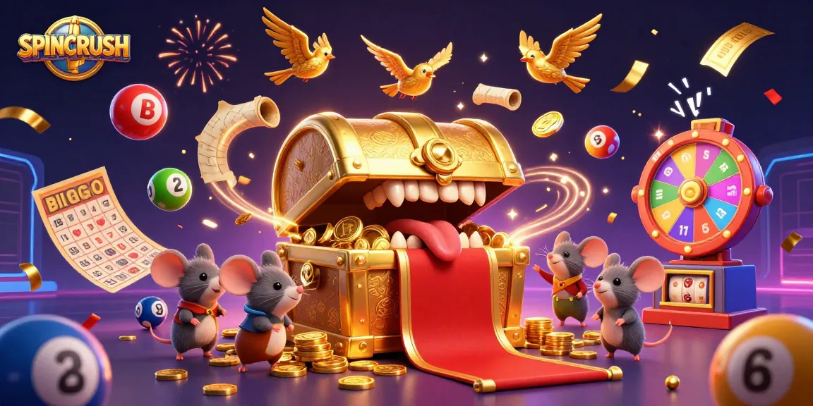 Engage with SPINCRUSH as colorful lottery balls bounce around a treasure chest in a vibrant casino scene.