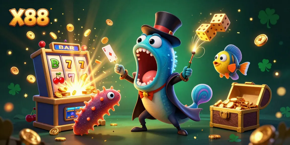 Experience exciting wins at X88 with a magical underwater casino scene featuring a gulper eel magician.