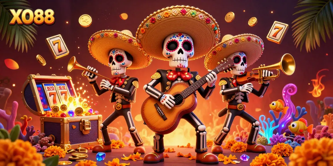 Experience the vibrant world of gambling with XO88 as skeleton musicians play amidst casino treasures.