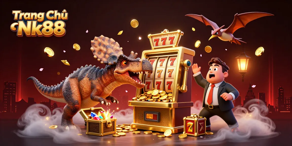 Experience excitement at Trang Chủ Nk88 with cartoon dinosaurs triggering jackpots amidst golden coins.