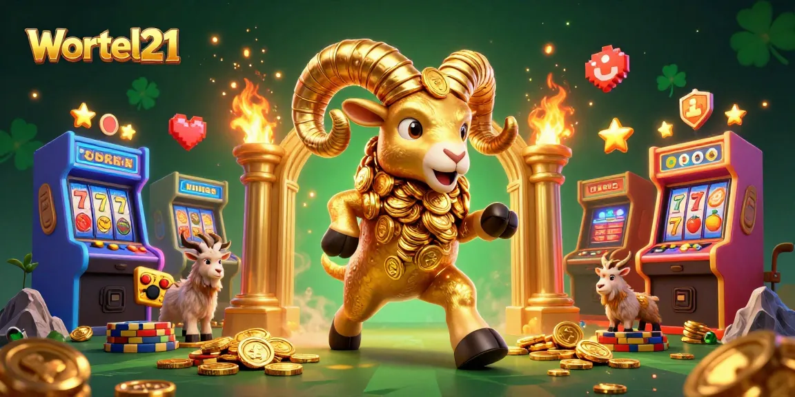 Experience the excitement of Wortel21 with a golden ram charging through vibrant casino elements.