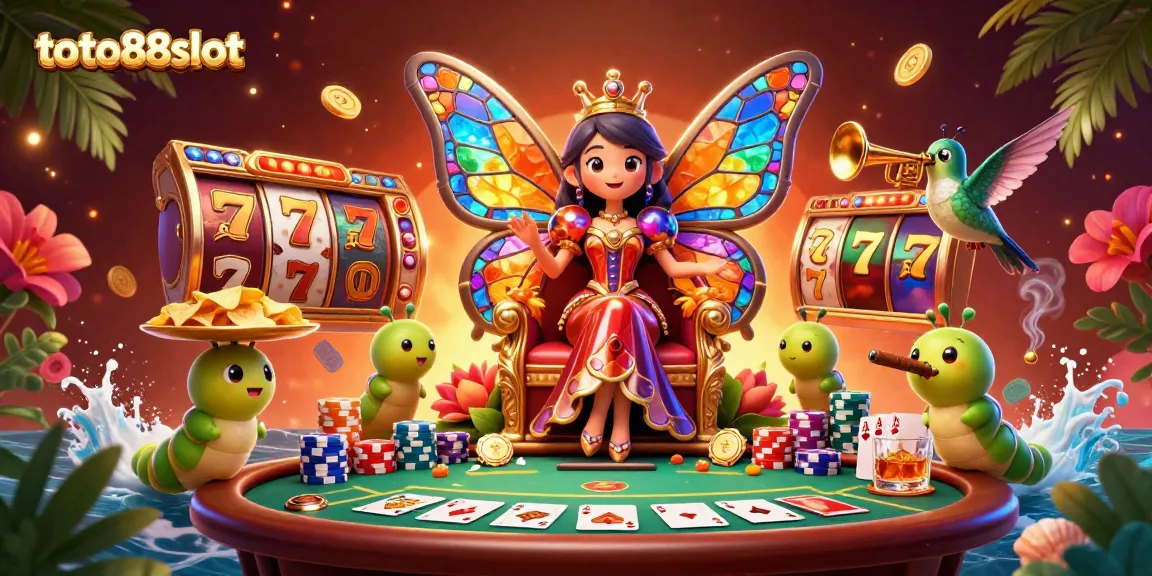 Toto88slot showcases a vibrant 3D scene with a butterfly queen, slot reels, and poker elements in a colorful casino setting.