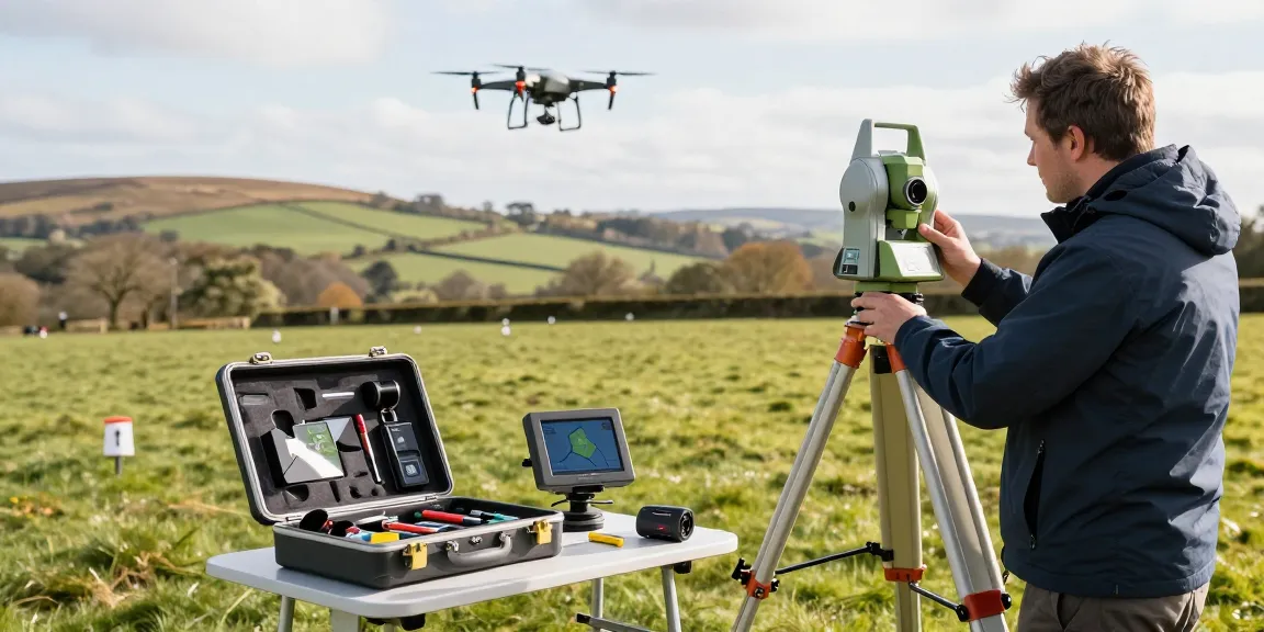 Topographical surveys Surrey in progress, featuring a surveyor with a total station and drone in the UK countryside.