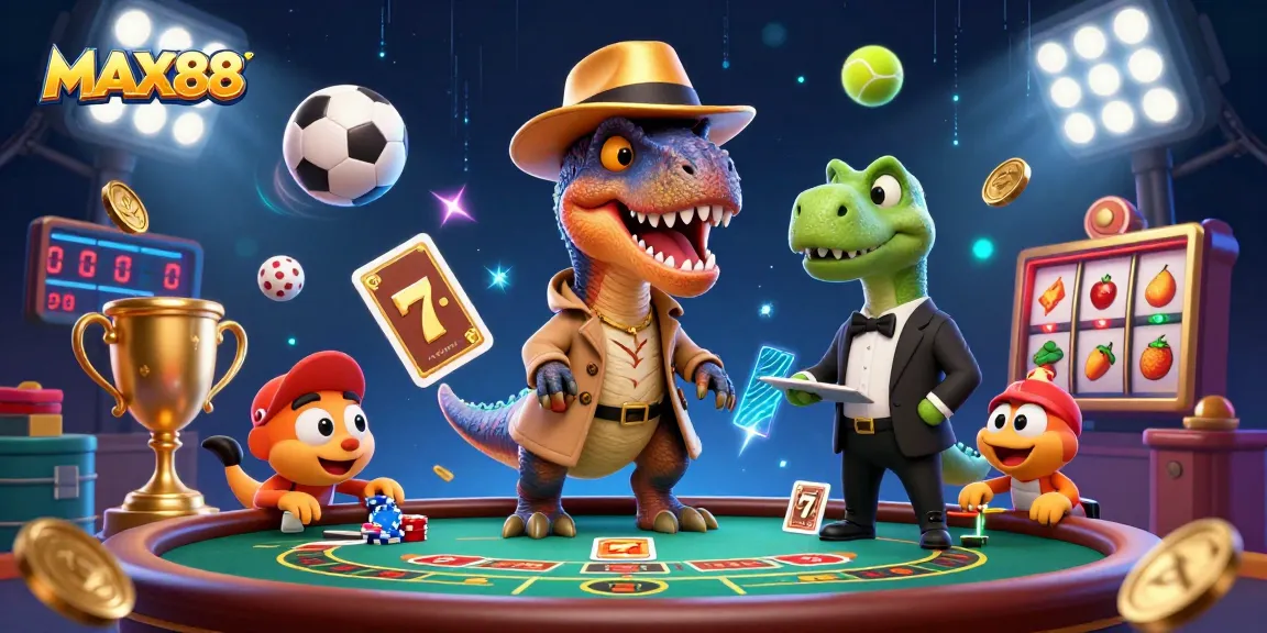 MAX88 casino scene with a sneaky velociraptor at a blackjack table, vibrant gambling elements.