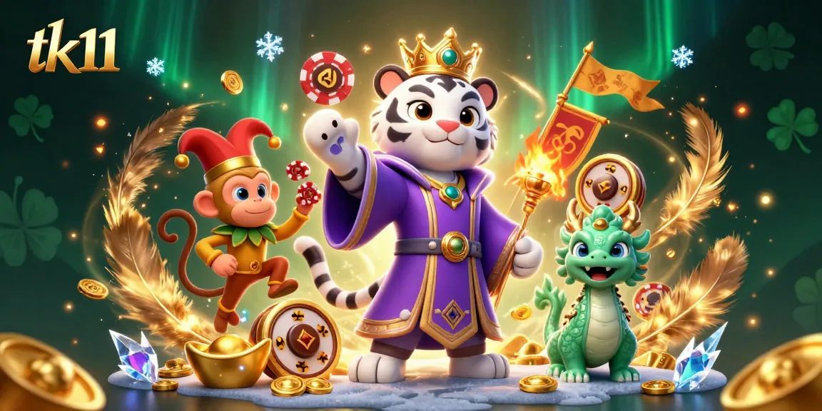 Experience thrilling gameplay at tk11 with an elegant white tiger and a playful monkey in a vibrant casino scene.