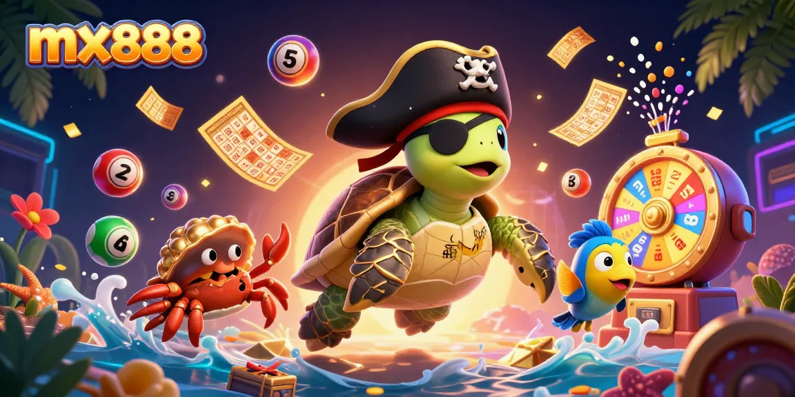 Engage with mx888's vibrant casino scene featuring a pirate turtle, games, and floating prizes.