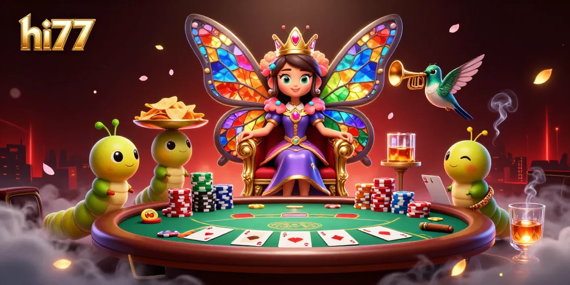 Experience exhilarating poker action with the butterfly queen of hi77 in a colorful casino scene.