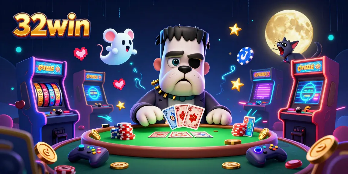 Play cards at 32win's spooky casino with colorful elements and animated characters.