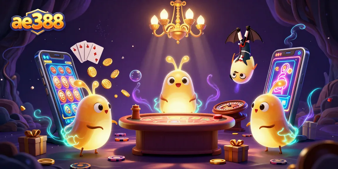 Engage in thrilling gaming with ae388's vibrant casino scene featuring glowworms and a bat dealer.