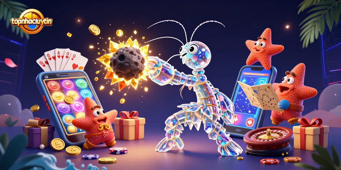 topnhacaiuytin showcases a dynamic scene with a galactic samurai mantis shrimp and starfish, embodying thrilling casino excitement.