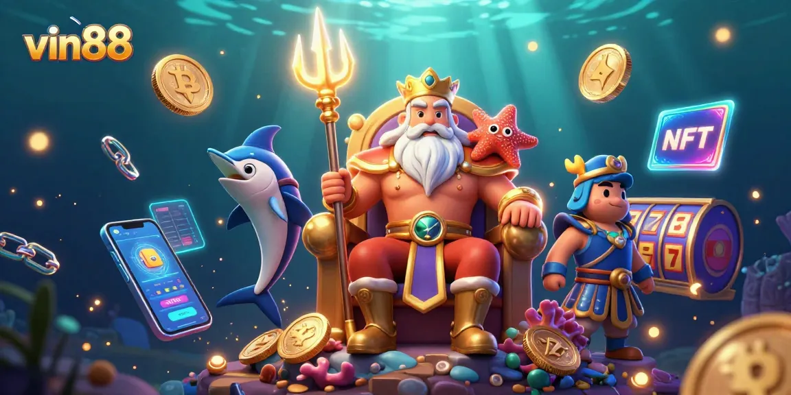 Experience vin88's exciting underwater casino with vibrant slot games and crypto-themed elements.