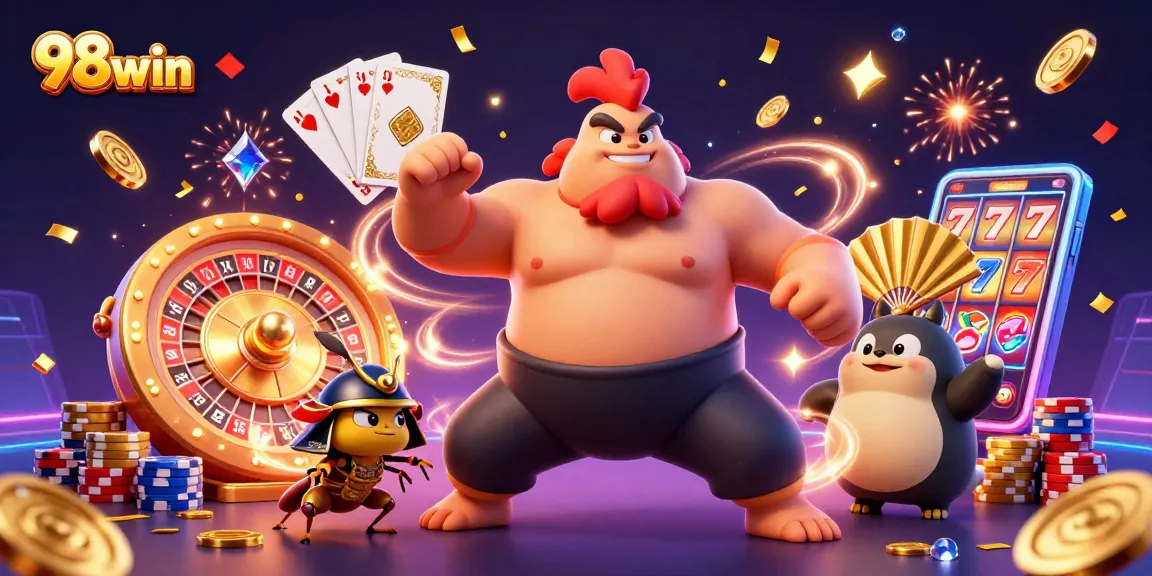 Bet big on 98win with incredible games, surrounded by gold coins, poker chips, and festive lights.