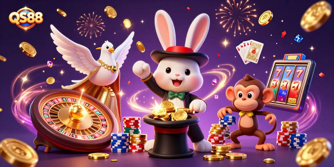 Experience the magic of QS88 as the magician rabbit conjures coins with the dazzling dove and cheeky monkey.