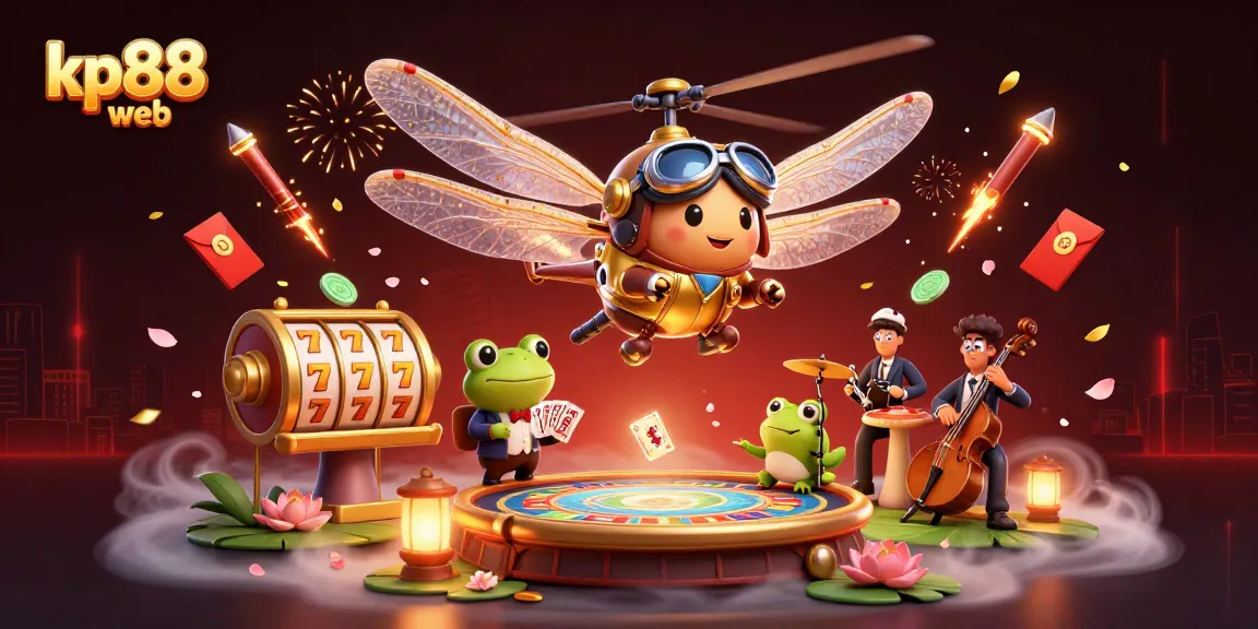 Experience thrilling gameplay at kp88 web with a 3D dragonfly casino scene showcasing lively action!