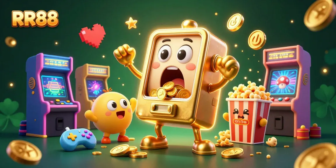 RR88 jackpot celebration featuring a golden slot machine with coins pouring out in a vibrant casino scene