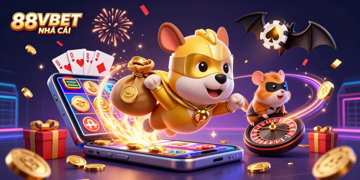 88VBET NHÀ CÁI showcases a superhero dog flying high, surrounded by festive casino elements.