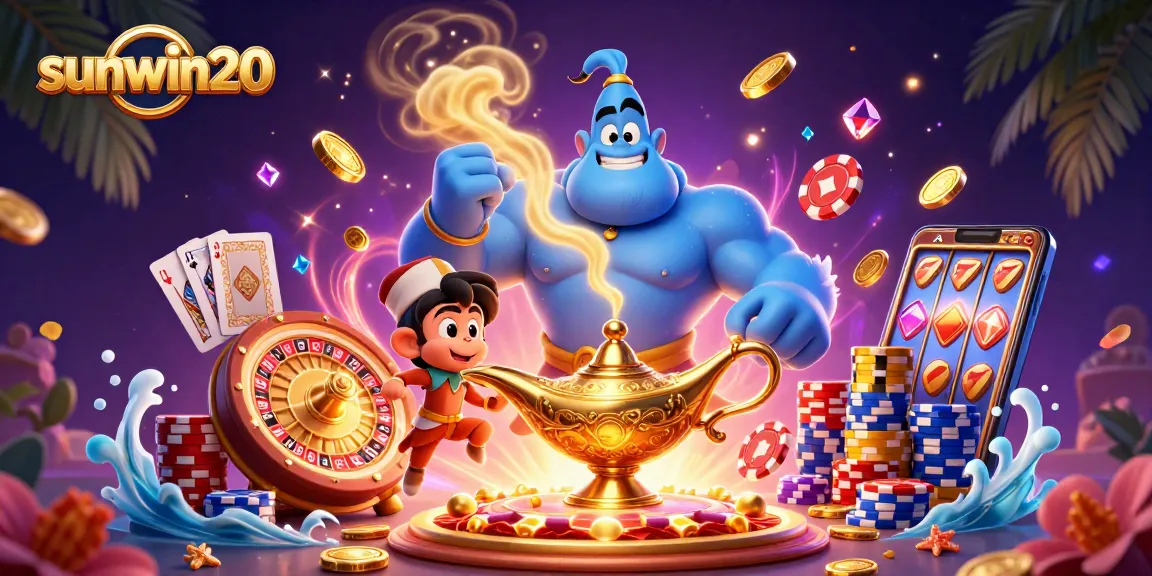 Experience the thrills of sunwin20 as a genie unleashes big wins with floating poker chips and glowing treasures.