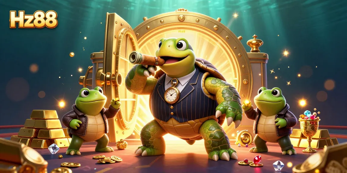 Experience the excitement of Hz88 with a colorful 3D turtle mobster scene in a vibrant casino.