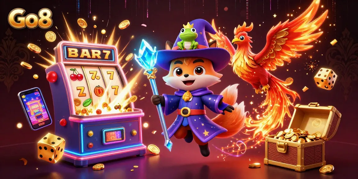 Experience the exciting Go8 slot machine jackpot explosions surrounded by magical elements and vibrant characters.