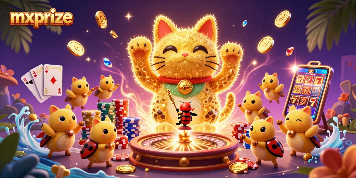 Experience the thrill of gaming with mxprize's vibrant casino scene featuring lucky symbols and dynamic illustrations.