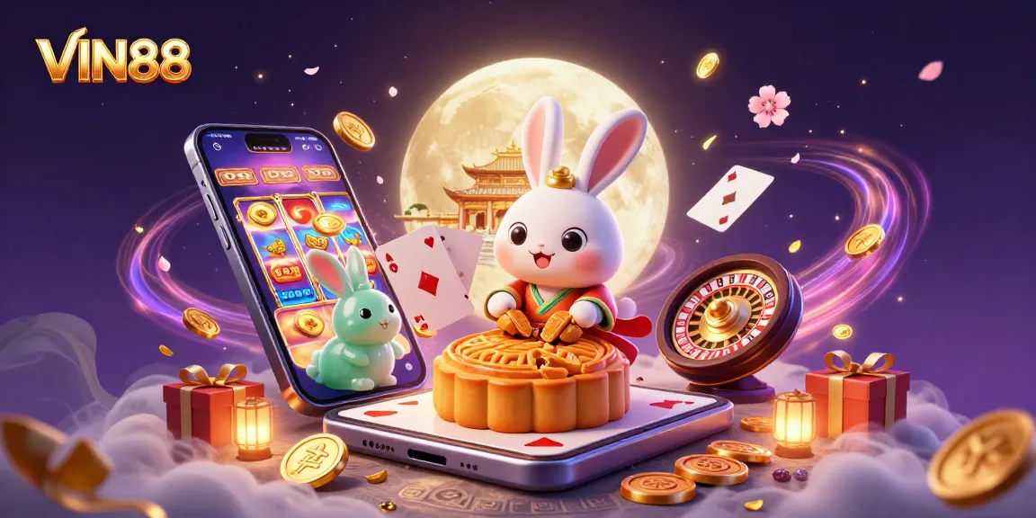 Experience thrilling slots and poker with VIN88 as a moon rabbit crafts golden mooncakes in an enchanting casino scene.