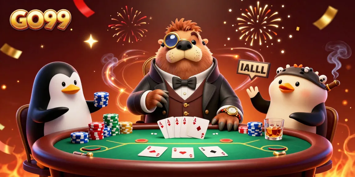 Experience thrilling card games at GO99 with a jolly walrus and friends in this festive poker scene.
