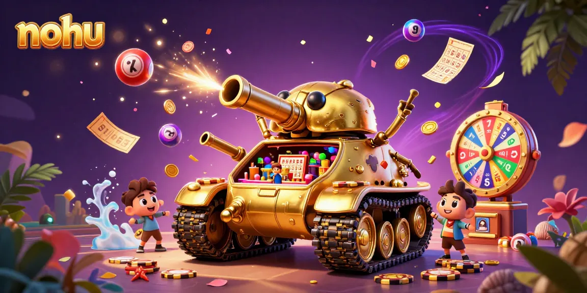 Nohu casino scene featuring a golden beetle tank bursting with excitement, coins and confetti rain.