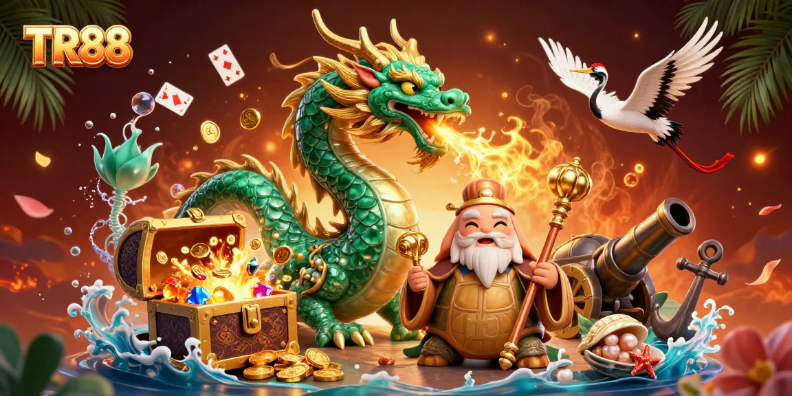 TR88 offers dynamic gaming excellence, showcasing a jade dragon with gold coins and vibrant elements.