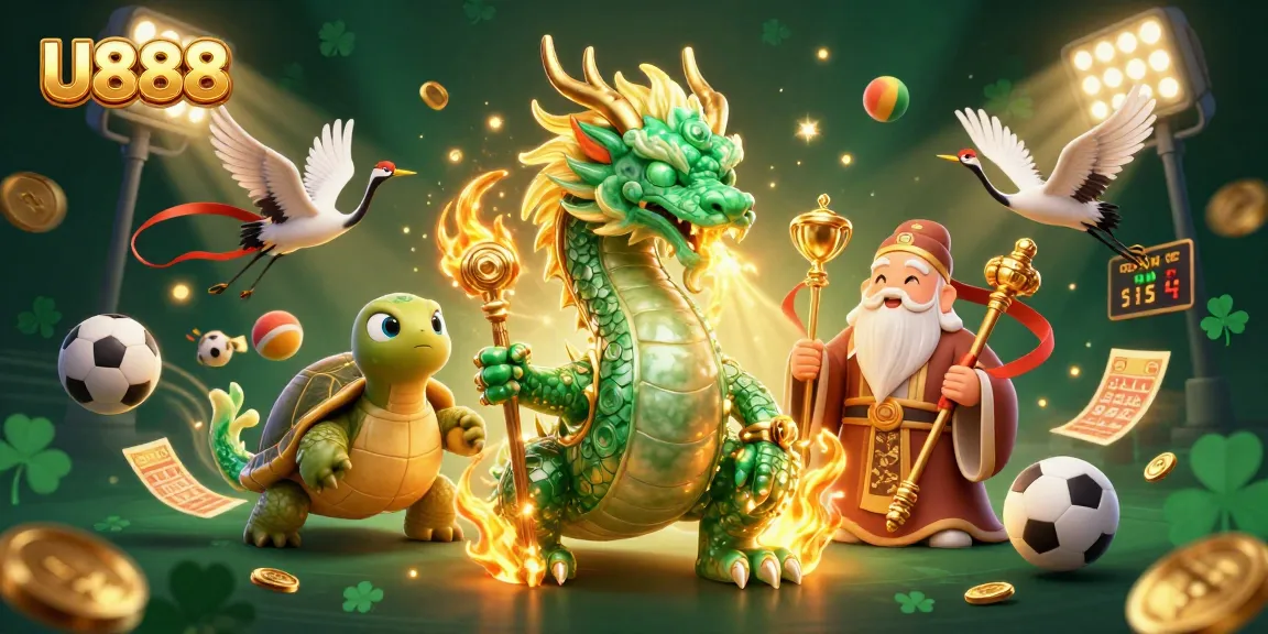 Engage with U888's thrilling elements in a captivating casino-themed 3D illustration featuring lucky symbols.