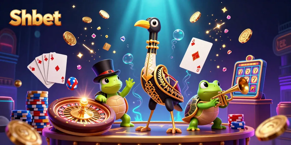 Experience the excitement of Shbet with a vibrant casino scene featuring unique characters and game elements.