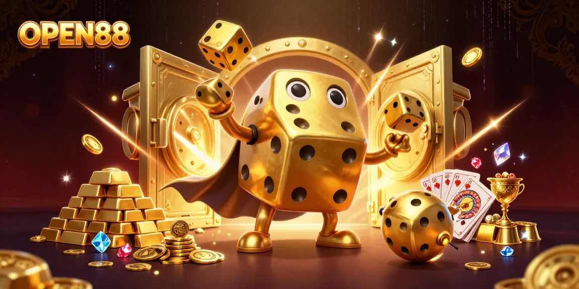 Engage in exhilarating play at OPEN88 with golden dice and treasure in a vibrant casino illustration.