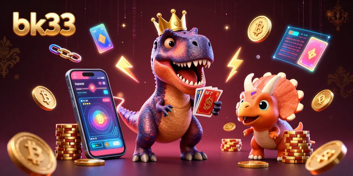 Engage in the thrill of bk33, where a T-Rex plays cards while a pterodactyl assists in this vibrant casino scene.