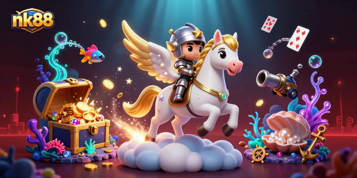 nk88 knights conquer with a 3D celestial journey through streets filled with treasure and glowing gems.